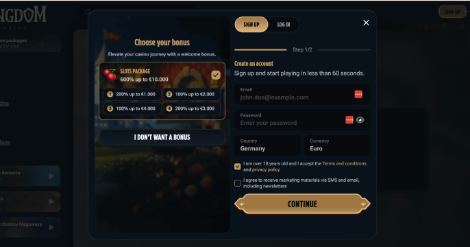 Registrazione su Kingdom CasinoAprire un conto su Kingdom Casino è semplice e richiede solo pochi minuti. Per garantire un accesso sicuro e personalizzato, basta seguire i passaggi qui sotto. Dopo la registrazione, sarà possibile approfittare del Kingdom casino bonus e iniziare a giocare con le slot e il live casino. Guida passo per passo Visita il sito ufficiale di Kingdom Casino. Clicca sul pulsante “Iscriviti” in alto a destra. Inserisci i tuoi dati personali: email e password sicura. Seleziona il paese e la valuta preferita (es. euro). Conferma i dati richiesti: nome, cognome, numero di telefono e data di nascita. Accetta i Termini e Condizioni e conferma di avere più di 18 anni. Clicca su “Registrati” per completare la creazione dell’account.   Una volta effettuato l’accesso a Kingdom, potrai depositare fondi, richiedere il tuo bonus di benvenuto e iniziare a giocare subito.